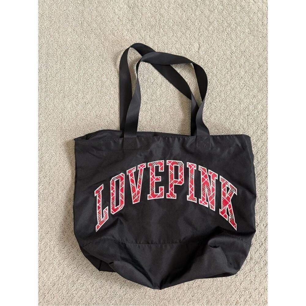 NEW PINK Victoria’s Secret Large Black Tote Plaid LovePink